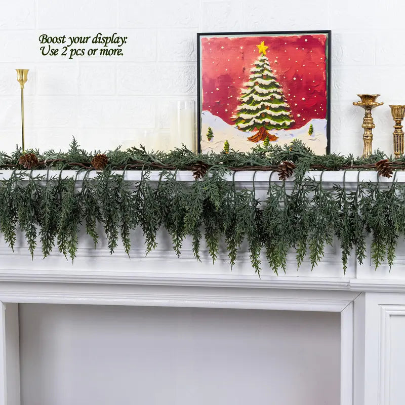 72" Artificial Cedar Garland with Pine Cones – Real Touch Greenery for Winter & Rustic Decor