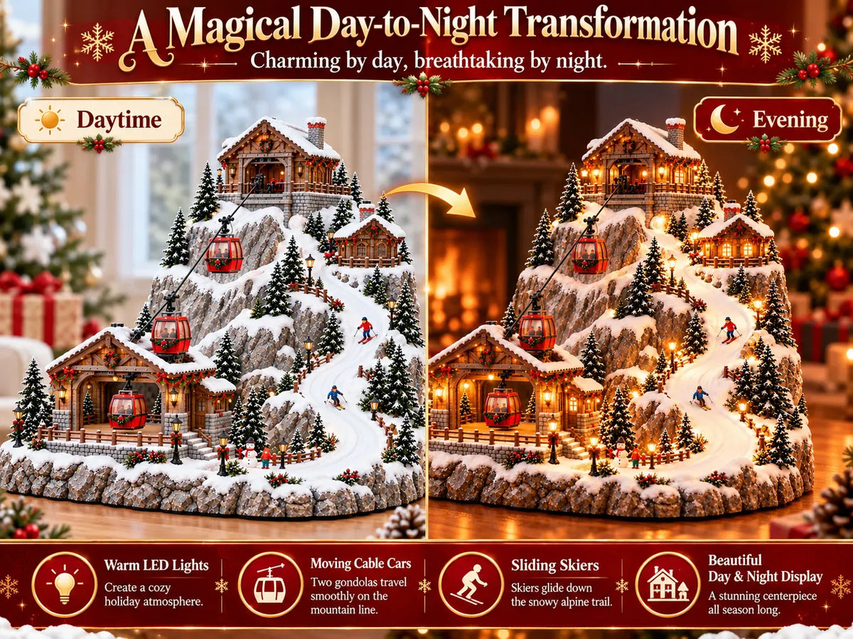 20cm-Animated Christmas Mountain Cable Car & Ski Village Scene ✨