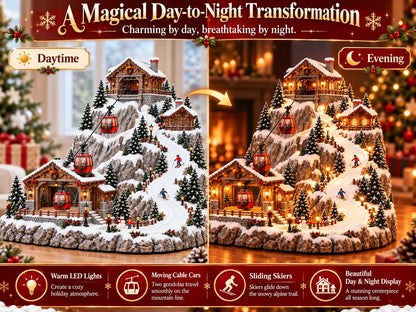 20cm-Animated Christmas Mountain Cable Car & Ski Village Scene ✨