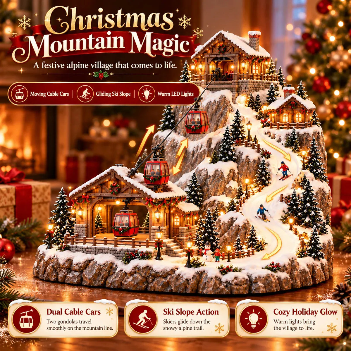 20cm-Animated Christmas Mountain Cable Car & Ski Village Scene ✨