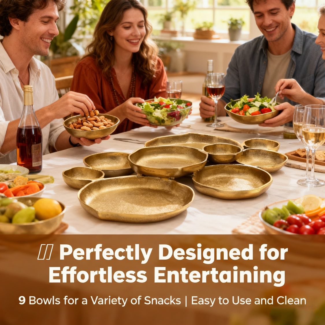 🍽️ Cluster Decorative Bowls – Bright Gold Iron Appetizer Serving Tray