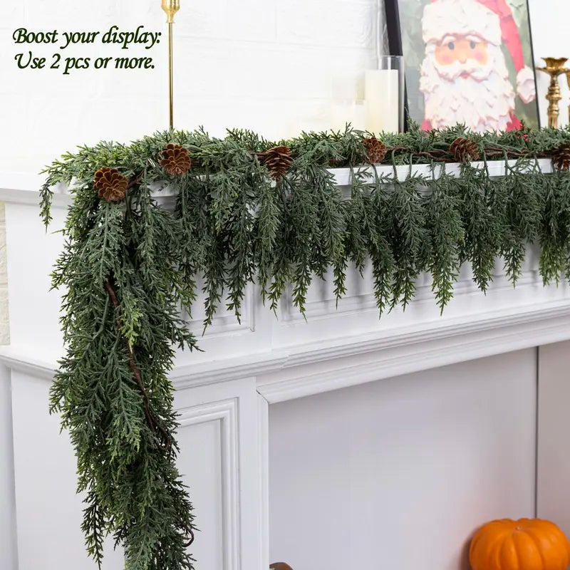 72" Artificial Cedar Garland with Pine Cones – Real Touch Greenery for Winter & Rustic Decor