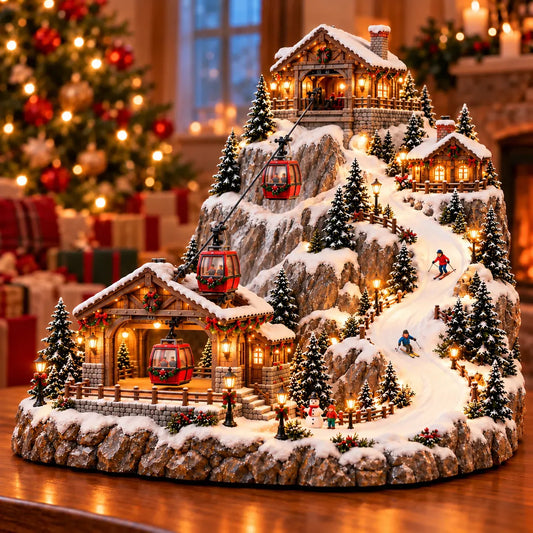 20cm-Animated Christmas Mountain Cable Car & Ski Village Scene ✨