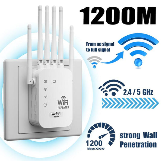 WiFi Extender 2025 6-Antenna Strong Signal, 1200Mbps Dual Band (5GHz/2.4GHz) Booster, Covers 12,000 sq. ft & 100 Devices