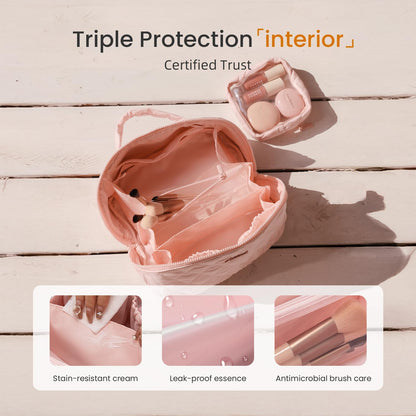 2-in-1 Puffer Travel Makeup Bag – Waterproof Cosmetic Organizer with Brush Holder & Handle