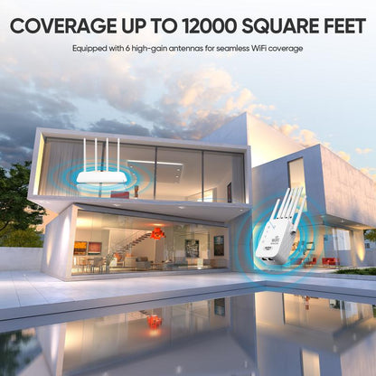 WiFi Extender 2025 6-Antenna Strong Signal, 1200Mbps Dual Band (5GHz/2.4GHz) Booster, Covers 12,000 sq. ft & 100 Devices