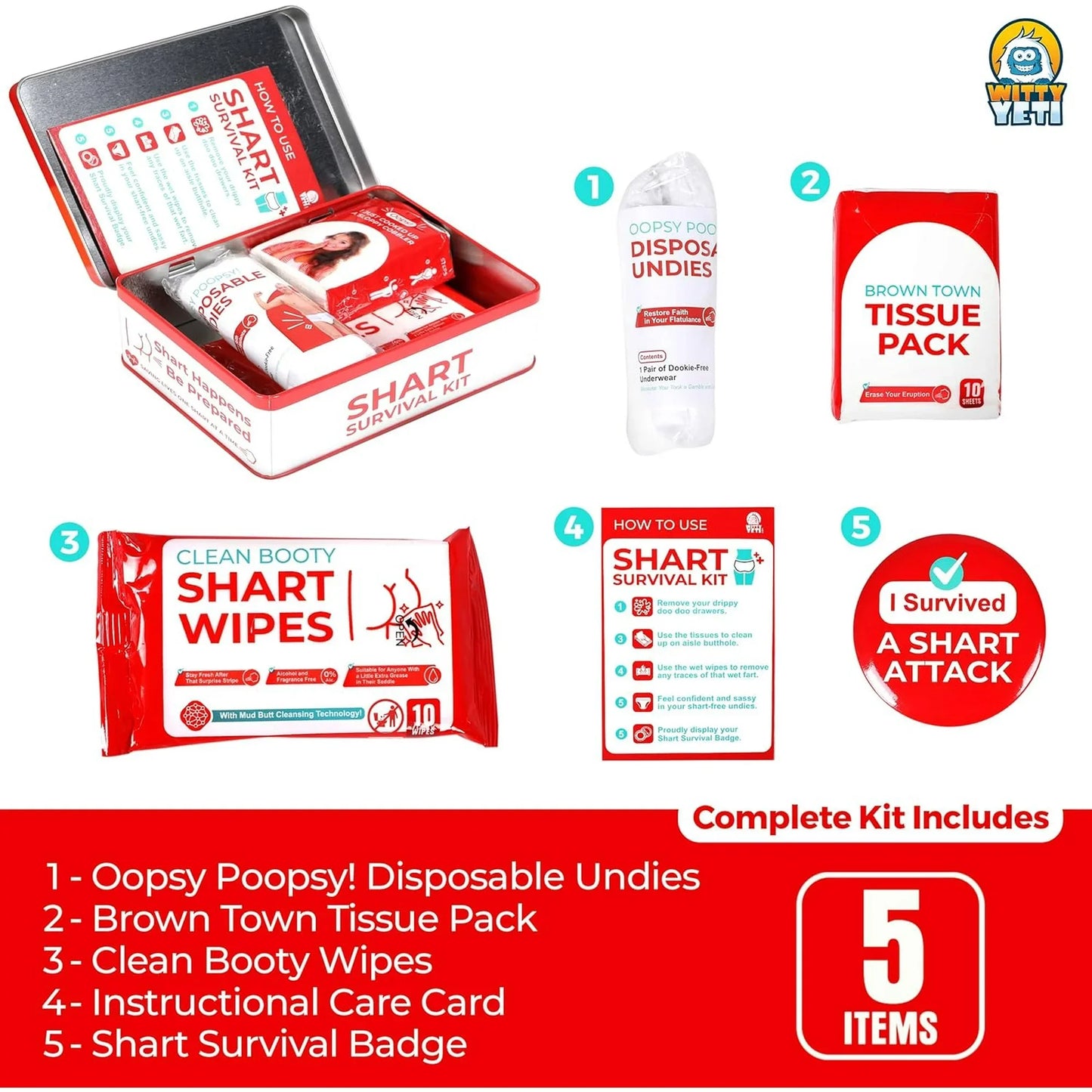 Survival Kit - Laugh Out Loud Prank Gift Set, Contains Wet Wipes, Disposable Underwear, Tissues & Hilarious Badge for Gag Gifts