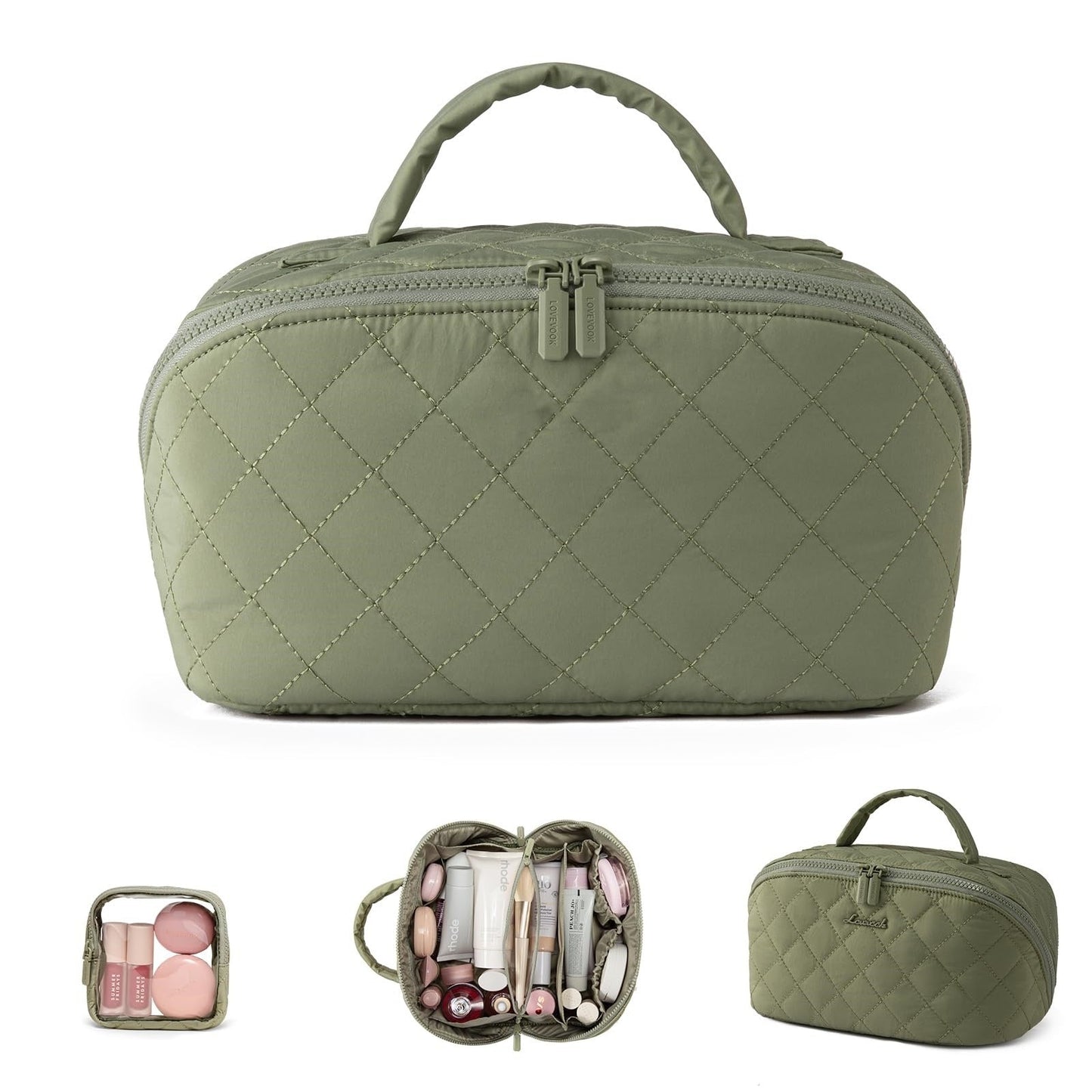 2-in-1 Puffer Travel Makeup Bag – Waterproof Cosmetic Organizer with Brush Holder & Handle