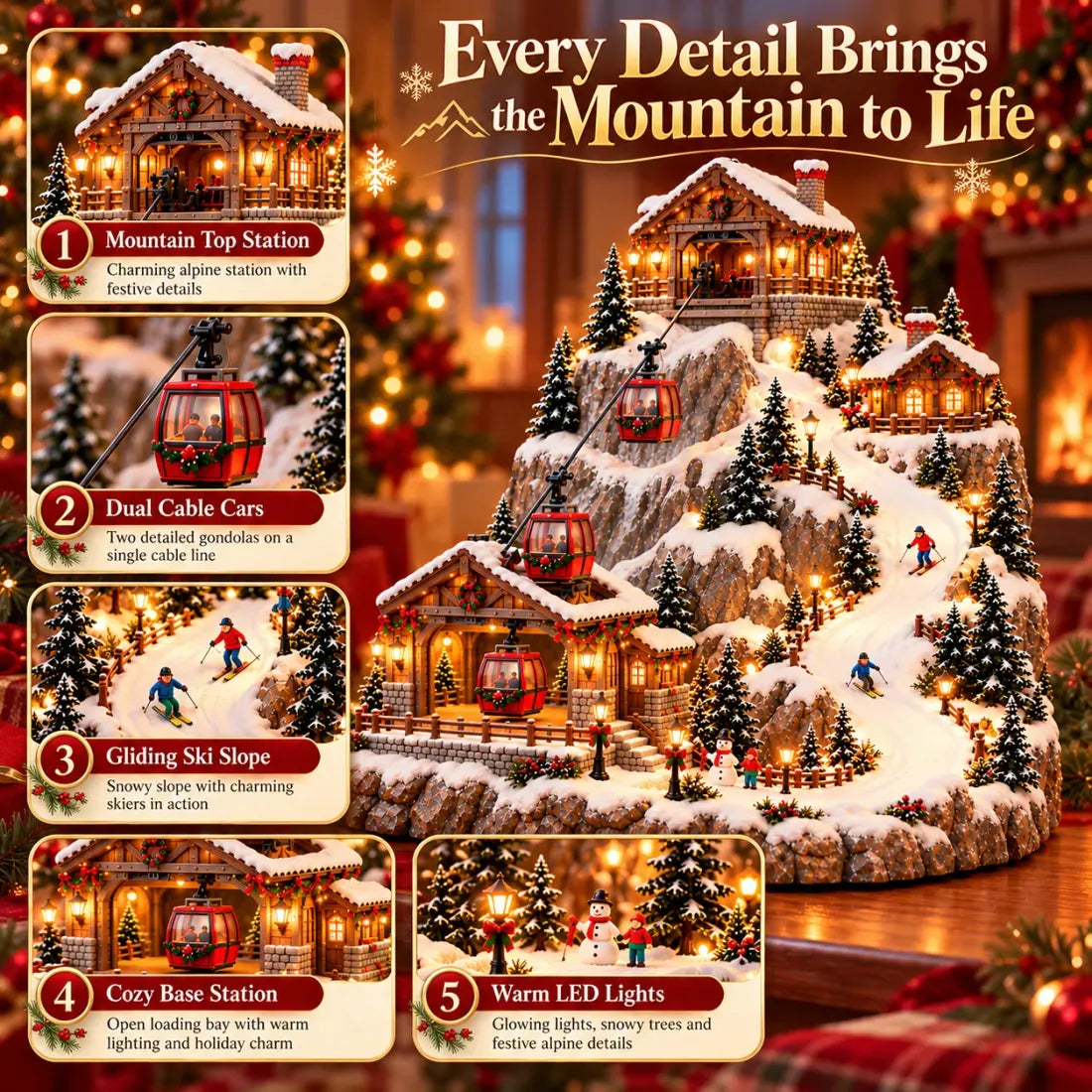 20cm-Animated Christmas Mountain Cable Car & Ski Village Scene ✨