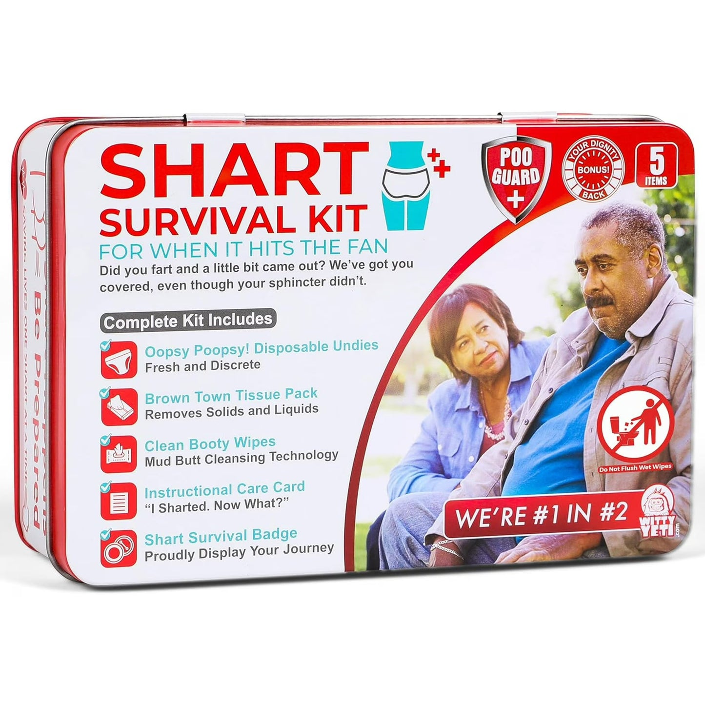 Survival Kit - Laugh Out Loud Prank Gift Set, Contains Wet Wipes, Disposable Underwear, Tissues & Hilarious Badge for Gag Gifts