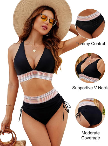 2025 High Waisted Tummy Control Color Block Bikini Sets