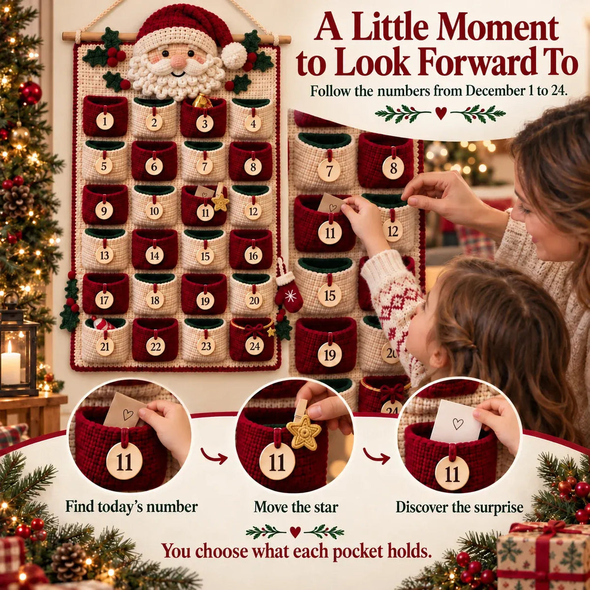 🧶 DIY Crochet Advent Calendar Kit | 24 Refillable Pockets, 4 Christmas Characters & Complete Crochet Materials 🎄