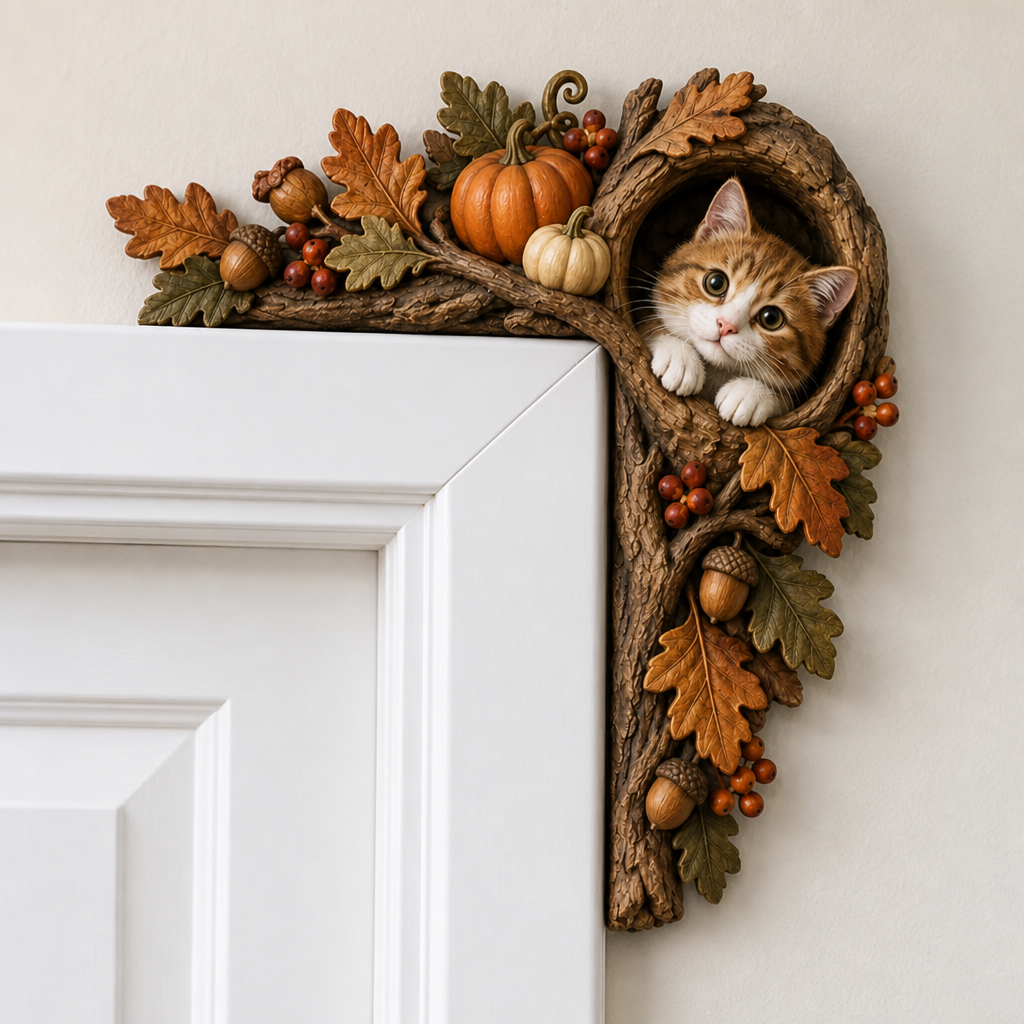 Wooden Fall Cat Door Topper Decor-Rustic Autumn Kitten Door Topper