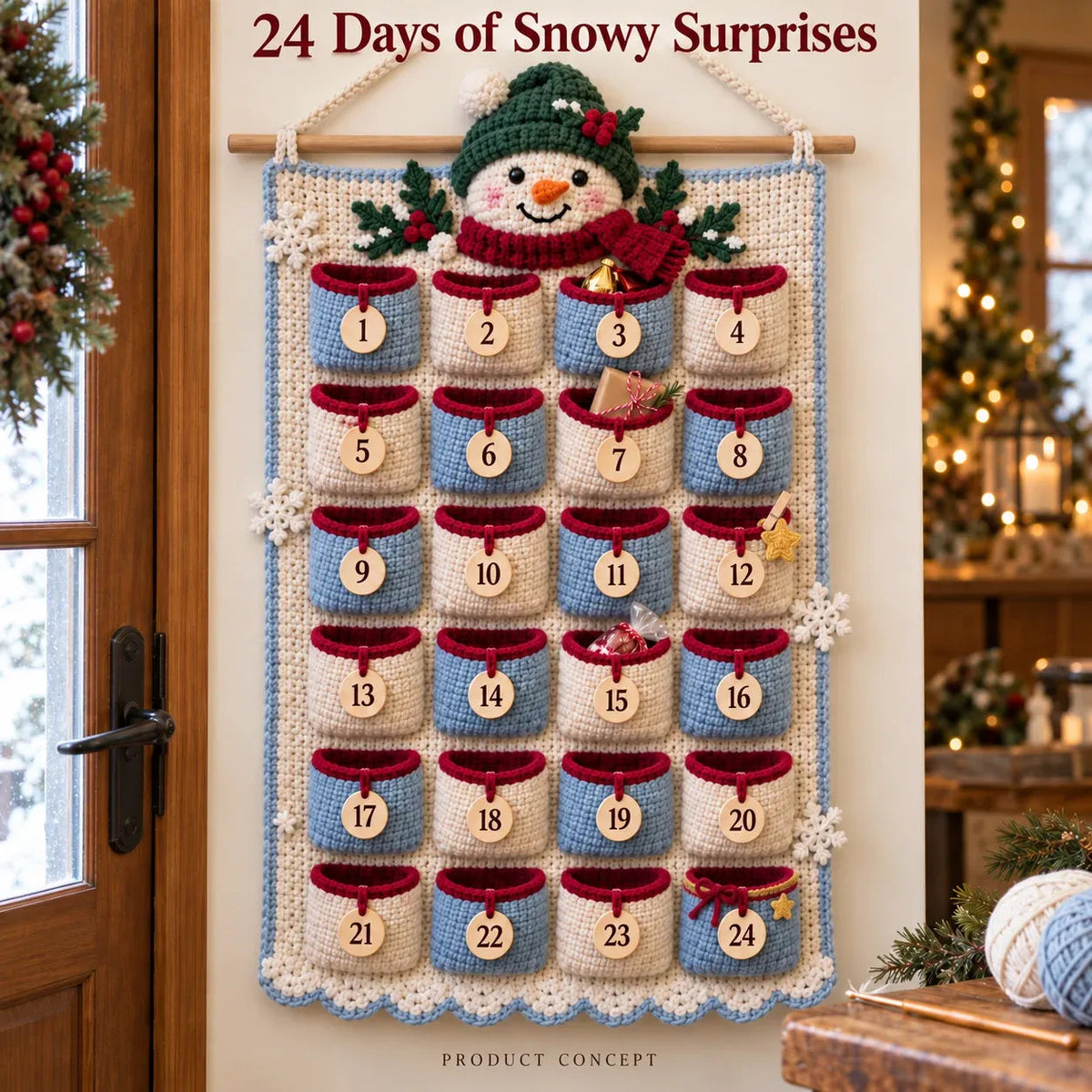 🧶 DIY Crochet Advent Calendar Kit | 24 Refillable Pockets, 4 Christmas Characters & Complete Crochet Materials 🎄