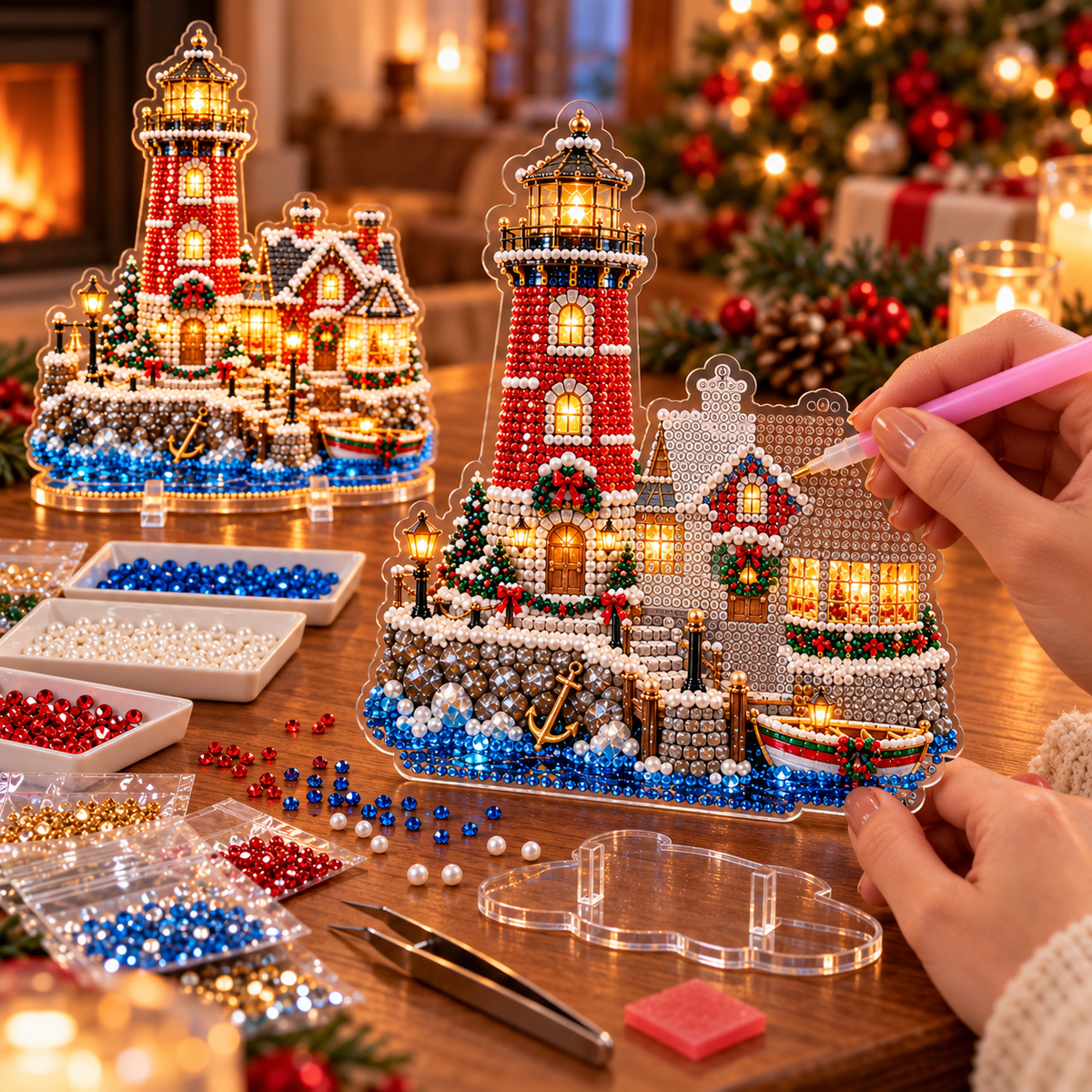 🎄 Christmas Lighthouse Village – DIY Sparkling Diamond  2D Art Decoration Kit