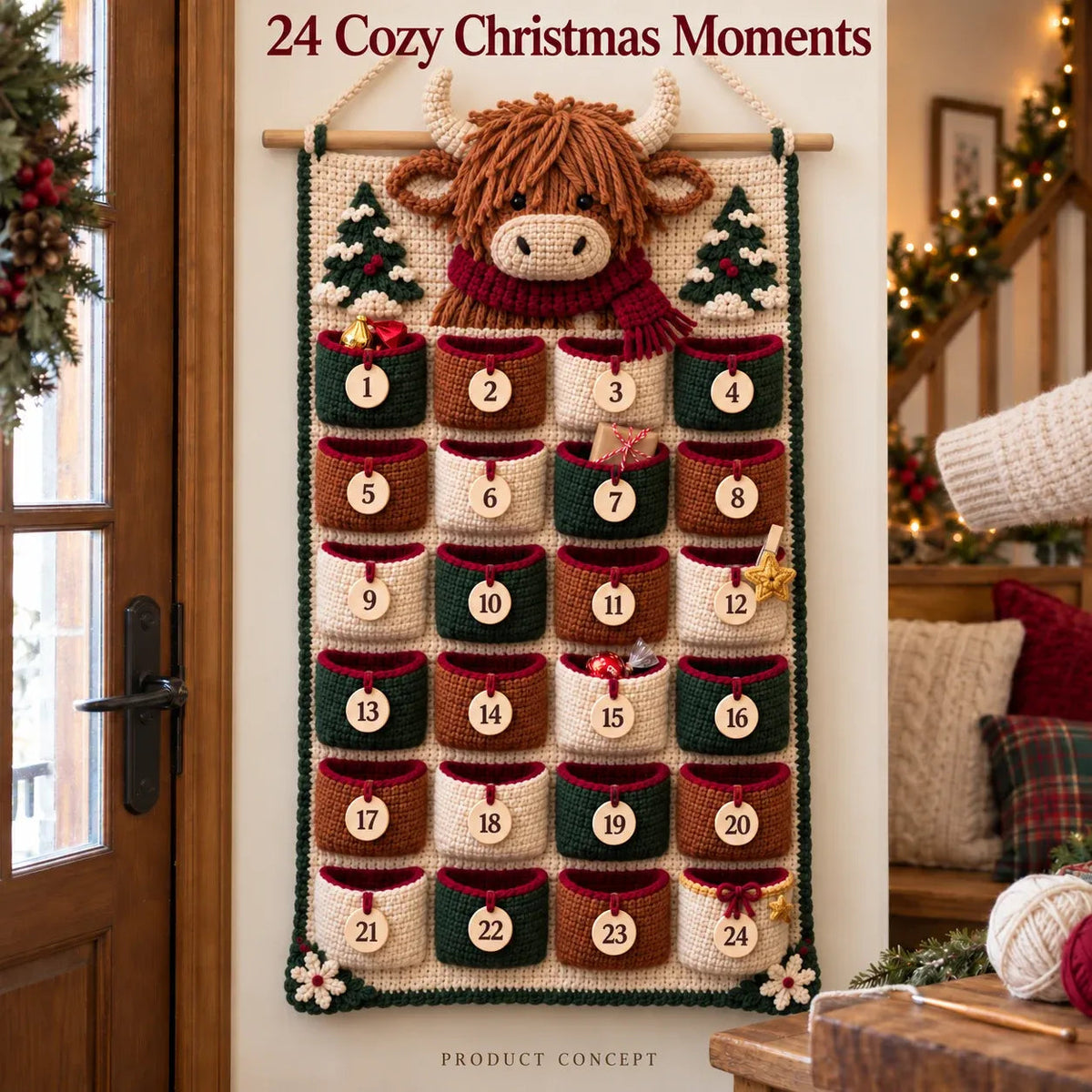 🧶 DIY Crochet Advent Calendar Kit | 24 Refillable Pockets, 4 Christmas Characters & Complete Crochet Materials 🎄