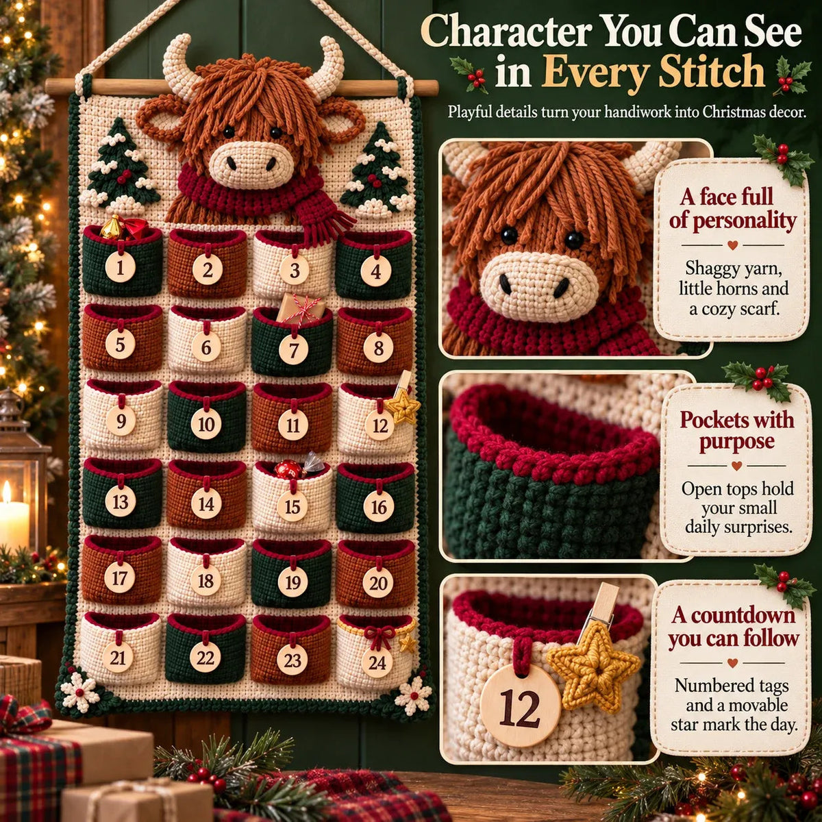 🧶 DIY Crochet Advent Calendar Kit | 24 Refillable Pockets, 4 Christmas Characters & Complete Crochet Materials 🎄
